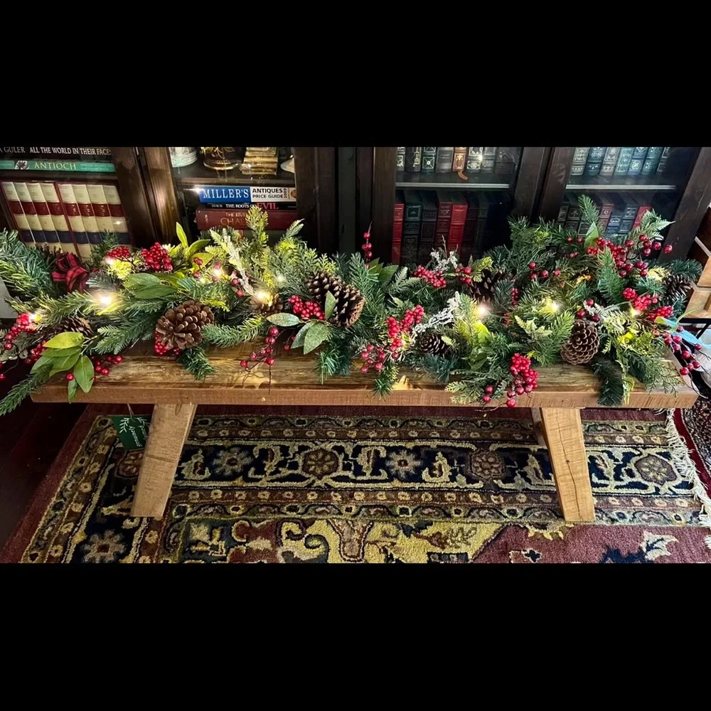 9 foot Premium Pre-lit Glittered Berries Pine Cones Garland, Farmhouse Christmas